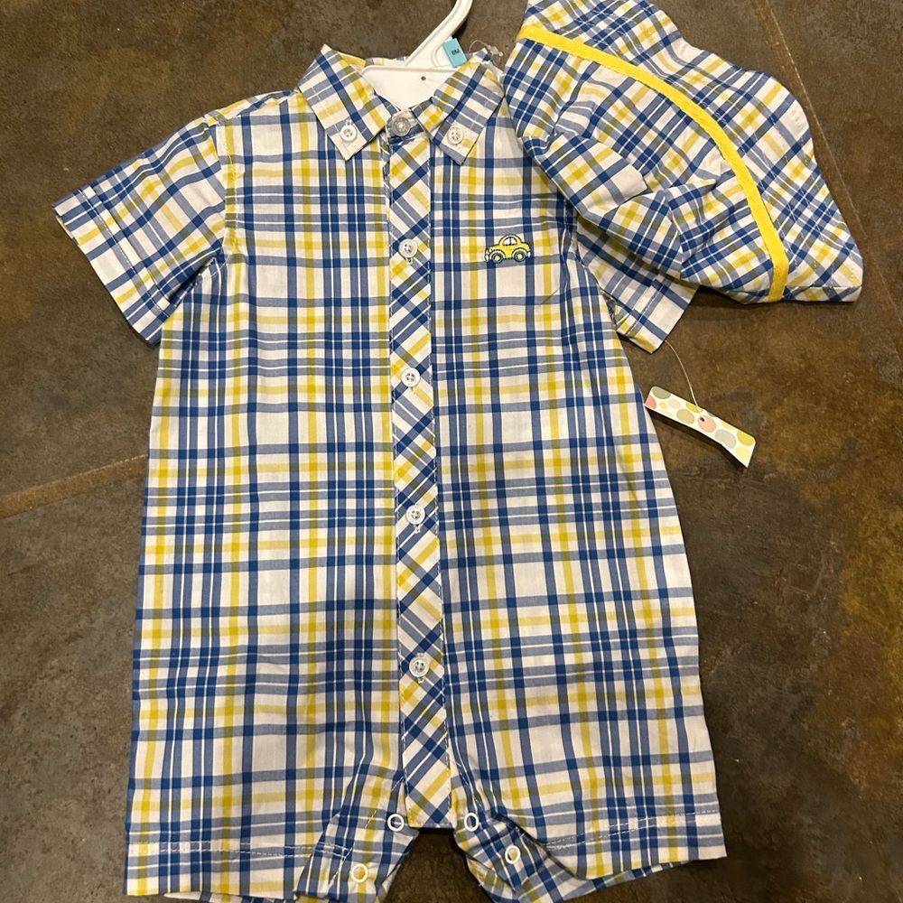 Plaid Blue and Yellow Kids One Piece with Hat